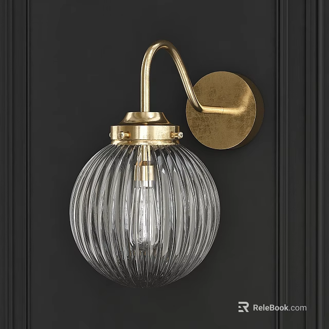 Modern Brass Wall Light with Transparent Ribbed Glass Shade on Dark Wall 3d model 