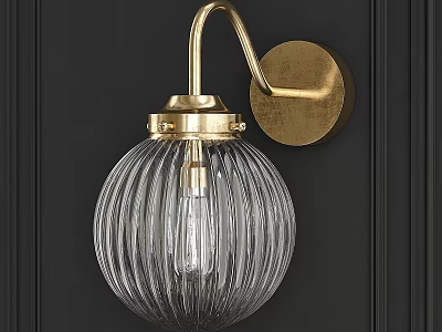 Modern Brass Wall Light with Transparent Ribbed Glass Shade on Dark Wall 3d model