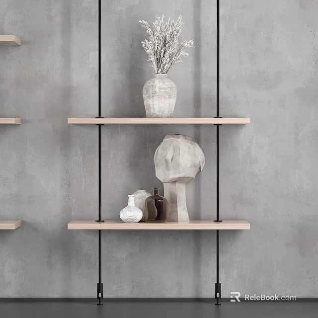 Modern Display Shelves With Wooden Layers Black Metal Frames And Decorative Sculptures On Gray Wall 3d model 