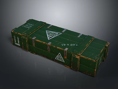 Green Worn Military Storage Crate With White Triangular Marks Metal Straps And Text 3d model