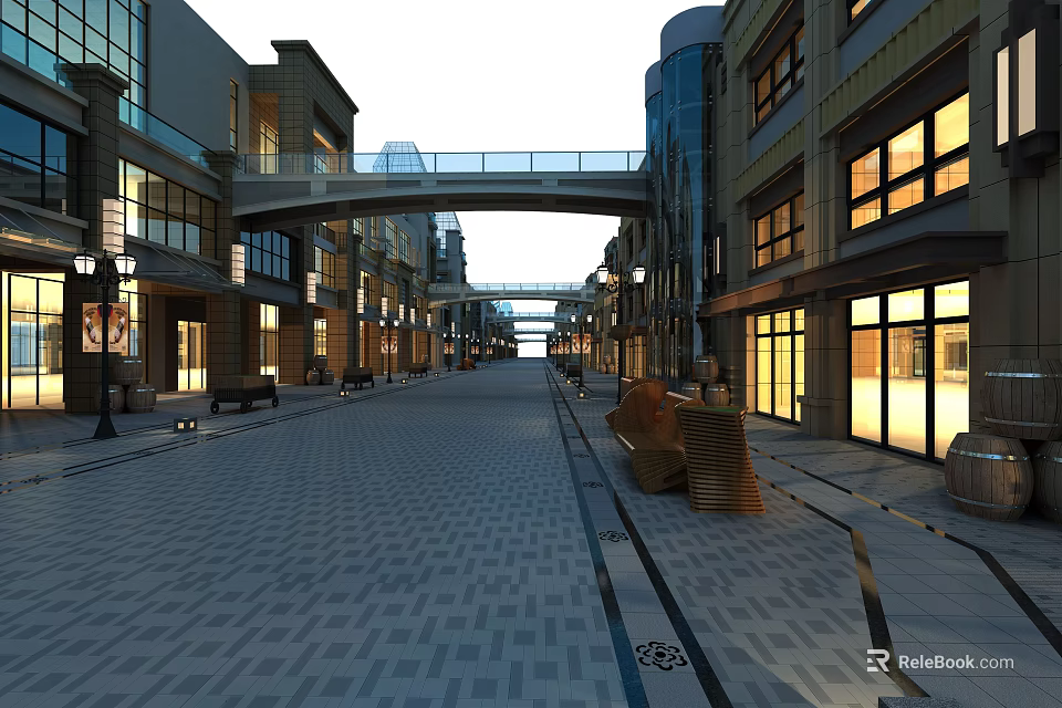 Modern Commercial Street With Pedestrian Bridge Cobblestone Pavement And Illuminated Buildings 3d model 