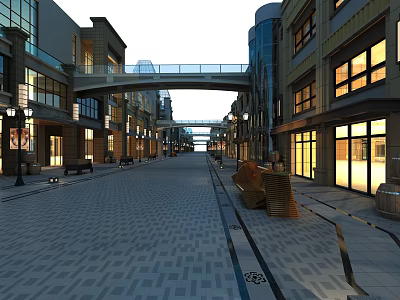 Modern Commercial Street With Pedestrian Bridge Cobblestone Pavement And Illuminated Buildings 3d model