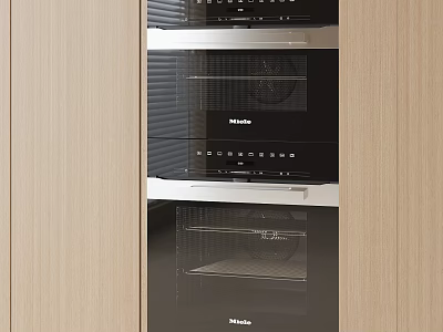 Miele Built In Kitchen Appliances With Oven And Steam Oven In Wooden Cabinets 3d model