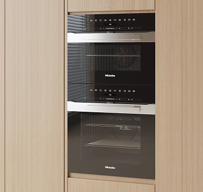 Miele Built In Kitchen Appliances With Oven And Steam Oven In Wooden Cabinets 3d model