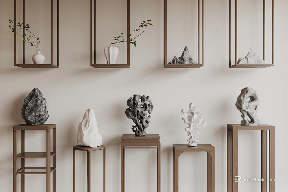 Stone Wood Interior Decor With Wooden Shelves Stone Sculptures And Hanging Plants 3d model 