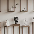 Stone Wood Interior Decor With Wooden Shelves Stone Sculptures And Hanging Plants
