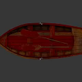 Reddish Brown Wooden Boat with Seats and Reflection on Dark Smooth Surface