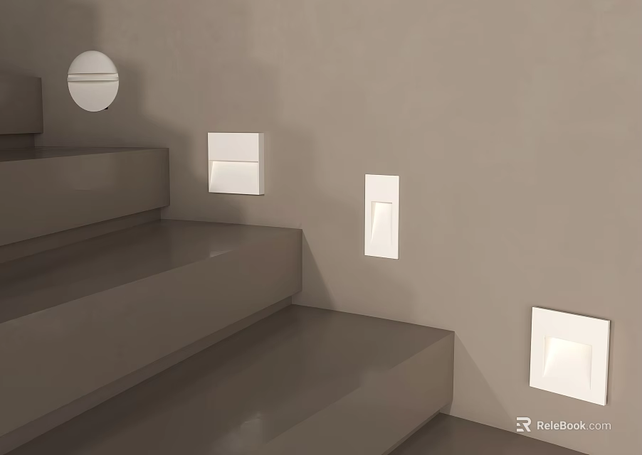 Minimalist Interior Staircase With Gray Steps Wall And White Square Panels Plus Round Mirror 3d model