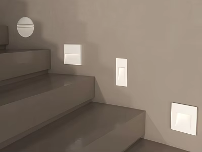 Minimalist Interior Staircase With Gray Steps Wall And White Square Panels Plus Round Mirror 3d model