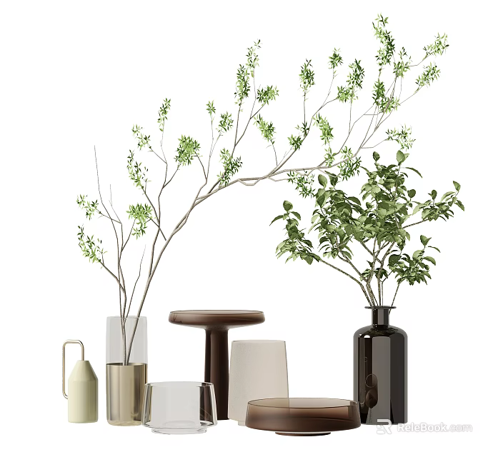 Stylish Green Plant Branches In Decorative Vases With Small Wooden Table And Modern Decor 3d model 
