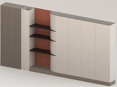 Contemporary Background Wall With Striped Design Built-in Black Shelves And White Panels 3d model