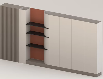 Contemporary Background Wall With Striped Design Built-in Black Shelves And White Panels 3d model