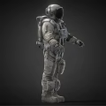 Man In Detailed White Astronaut Suit Standing Against Dark Background