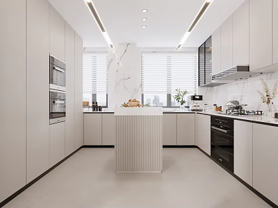 Modern Kitchen Interior Design With White Cabinets Marble Island And Appliances 3d model
