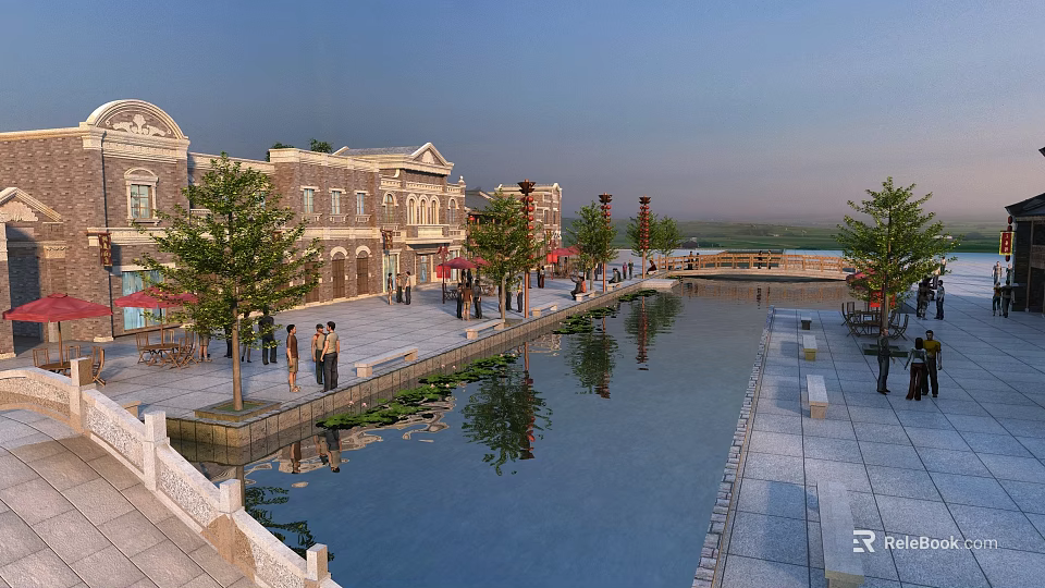 Classical Commercial Street With Water Canal Green Trees Pedestrians And Outdoor Seats 3d model 