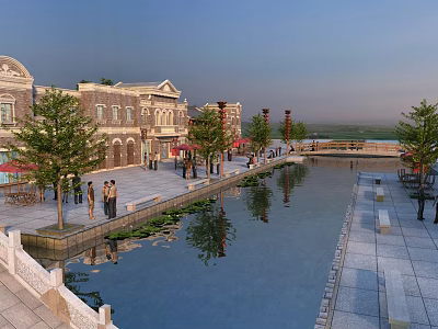 Classical Commercial Street With Water Canal Green Trees Pedestrians And Outdoor Seats 3d model