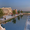 Classical Commercial Street With Water Canal Green Trees Pedestrians And Outdoor Seats