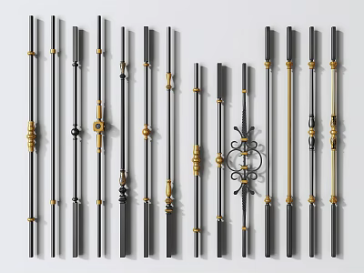 Various Metal Baluster Designs Featuring Modern Styles and Ornamental Gold Accents 3d model