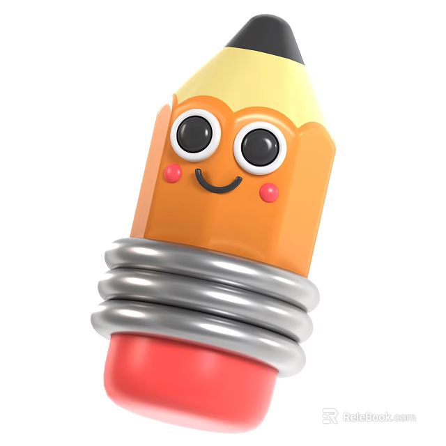 Cartoon Pencil With Smiling Face Big Eyes Blush Cheeks And Silver Sharpener Base 3d model 