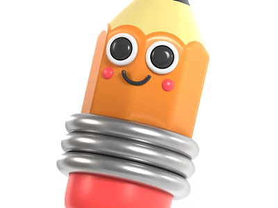Cartoon Pencil With Smiling Face Big Eyes Blush Cheeks And Silver Sharpener Base 3d model