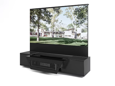TV on Black TV Stand Showing Outdoor Scene With Trees Grass and House 3d model