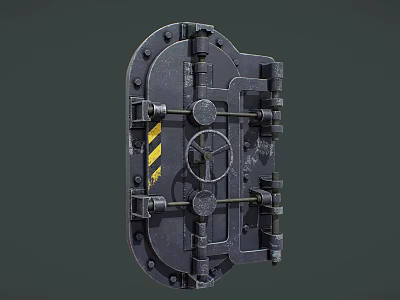 Sturdy Black Metal Swing Door With Industrial Bolts Yellow Stripes And Round Handle 3d model