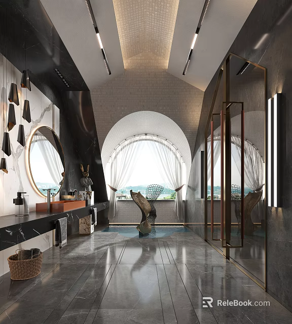 Modern Bathroom Interior Design With Round Mirror Arched Window Marble Countertop And Metal Accents 3d model 