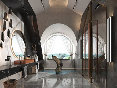 Modern Bathroom Interior Design With Round Mirror Arched Window Marble Countertop And Metal Accents 3d model