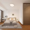 Modern Bedroom Interior With Cozy Bed Wooden Floor Large Window Curtains And Round Ceiling Light