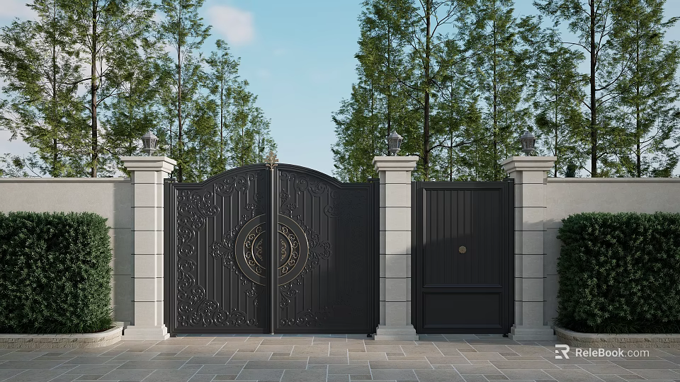Elegant Black Entrance Gate With Ornate Carvings Stone Pillars And Lush Green Trees 3d model 