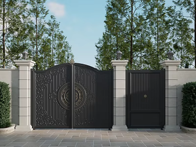 Elegant Black Entrance Gate With Ornate Carvings Stone Pillars And Lush Green Trees 3d model