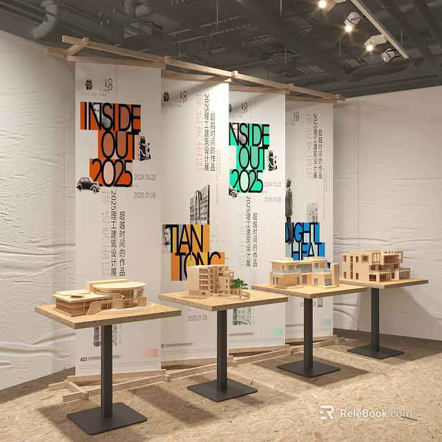 Inside Out 2026 Exhibition Island with Wooden Architectural Models on Display Tables 3d model 