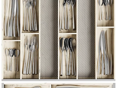 Stainless Steel Cutlery Set Organized in Wooden Drawer With Divided Compartments Knives Forks Spoons 3d model