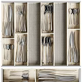 Stainless Steel Cutlery Set Organized in Wooden Drawer With Divided Compartments Knives Forks Spoons