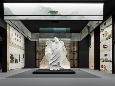 Cultural Center Interior With White Statue Mountain Water Background Screen And Exhibition Walls 3d model