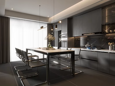 Modern Restaurant Dining Area With Black Cabinets Metal Chairs And Hanging Lights 3d model