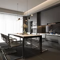 Modern Restaurant Dining Area With Black Cabinets Metal Chairs And Hanging Lights