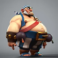 Muscular Game and Movie Character With Blue and White Striped Headscarf Red Suspenders and Tattoos