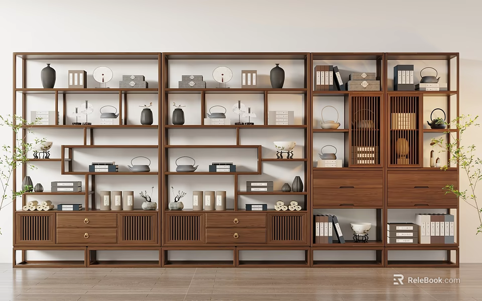 Traditional Wooden Bogu Shelf With Multiple Shelves Showcasing Vases Tea Sets And Books 3d model 