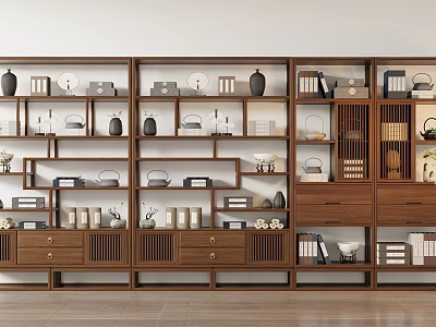 Traditional Wooden Bogu Shelf With Multiple Shelves Showcasing Vases Tea Sets And Books 3d model