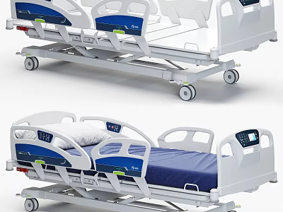 Adjustable Medical Hospital Bed With Blue Mattress Electronic Control Panel Mobile Wheels For Healthcare Facilities 3d model