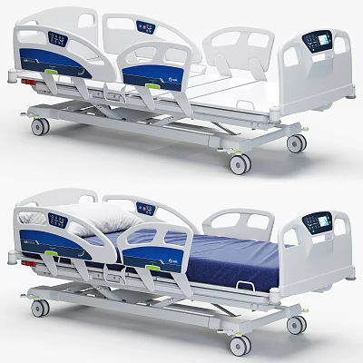 Adjustable Medical Hospital Bed With Blue Mattress Electronic Control Panel Mobile Wheels For Healthcare Facilities 3d model