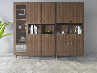 Wooden Bookcase With Glass Doors Drawers Gold Legs And Open Shelves For Books And Decorations 3d model