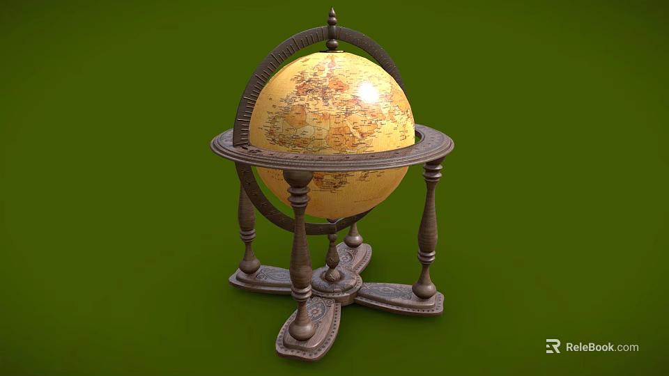 Vintage Globe Decorative Ornament Set with Wooden Carved Base for Home Decor 3d model 