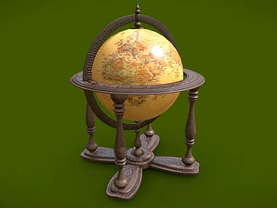 Vintage Globe Decorative Ornament Set with Wooden Carved Base for Home Decor 3d model