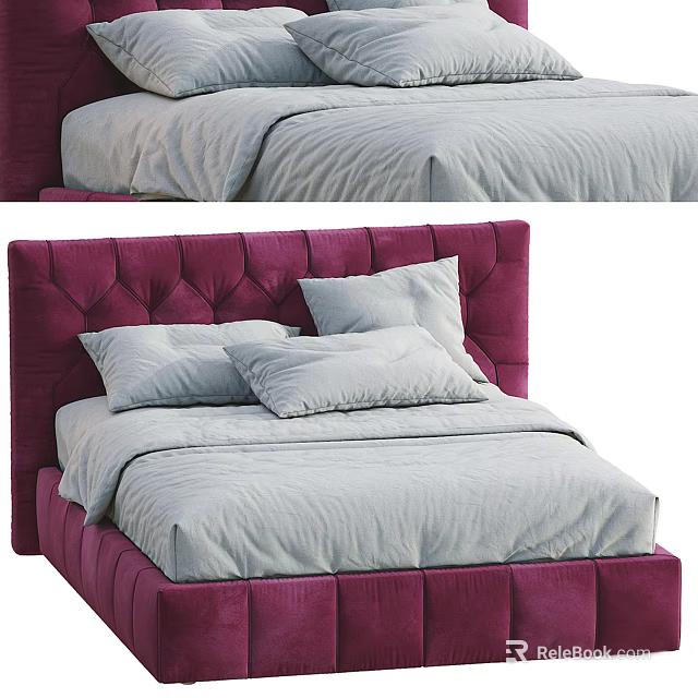 Double Bed With Tufted Purple Velvet Headboard And Light Gray Bedding 3d model