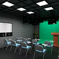 Contemporary Workspace With Long Desk Multiple Monitors Black Chairs White Walls And Glass Partition