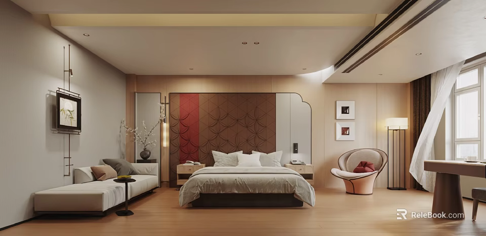 Modern Cozy Bedroom Interior Design With Wooden Headboard White Bedding Sofa And Armchair 3d model 