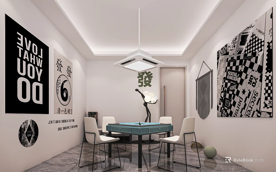 Hotel Mahjong Room Interior With Green Table Chairs Pendant Light And Wall Decor 3d model 
