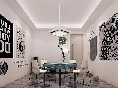 Hotel Mahjong Room Interior With Green Table Chairs Pendant Light And Wall Decor 3d model